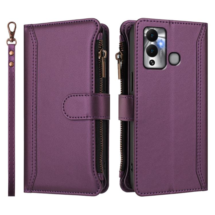 For Infinix Hot 12 Play Magnetic Closure 9 Card Slots Zipper Leather Case with Hand Strap
