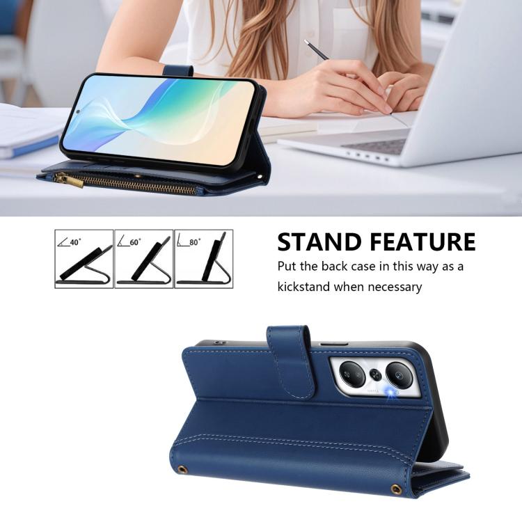 For Infinix Hot 20 4G Magnetic Closure 9 Card Slots Zipper Leather Case with Hand Strap