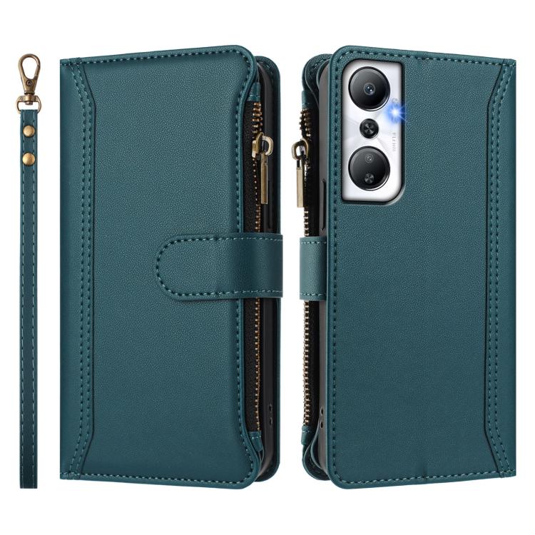For Infinix Hot 20 4G Magnetic Closure 9 Card Slots Zipper Leather Case with Hand Strap