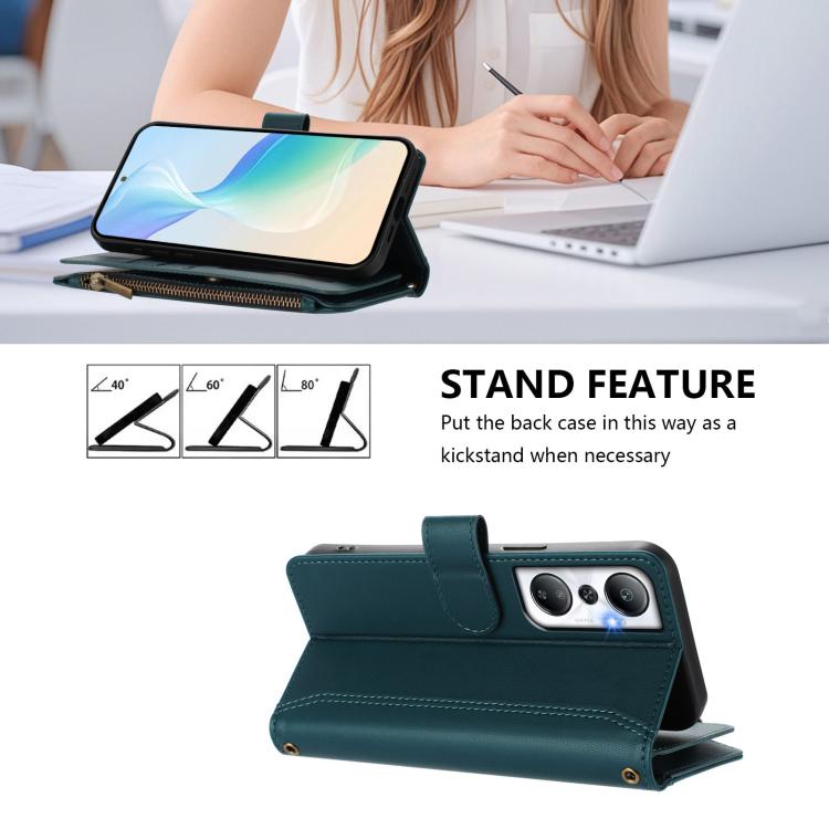 For Infinix Hot 20 4G Magnetic Closure 9 Card Slots Zipper Leather Case with Hand Strap