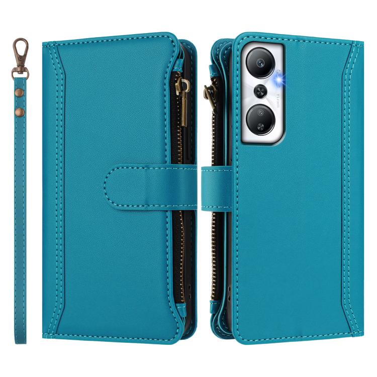 For Infinix Hot 20 4G Magnetic Closure 9 Card Slots Zipper Leather Case with Hand Strap