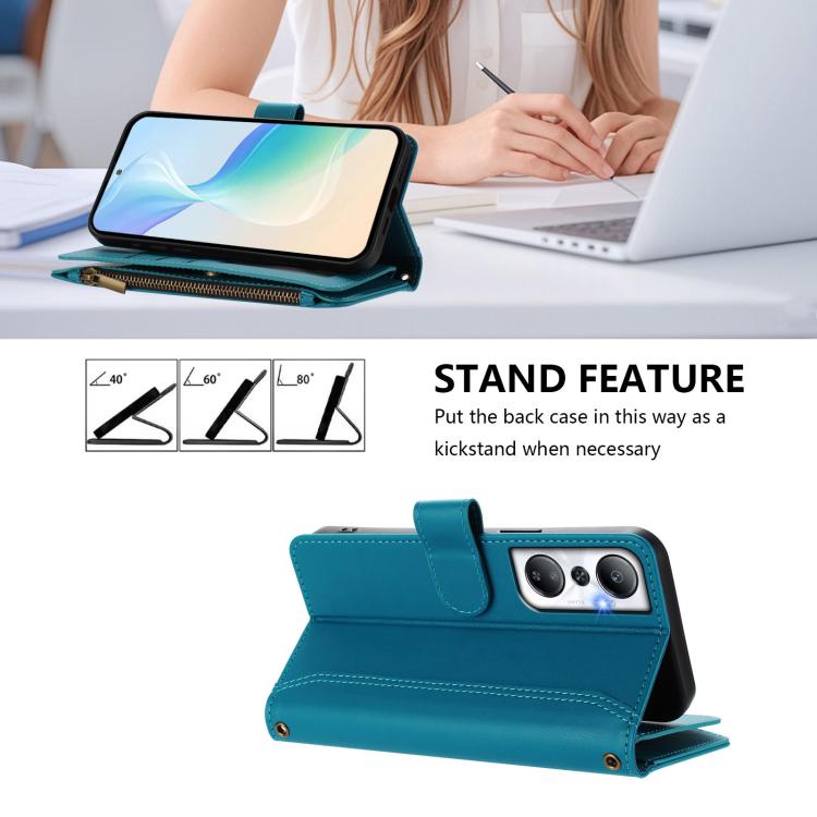 For Infinix Hot 20 4G Magnetic Closure 9 Card Slots Zipper Leather Case with Hand Strap