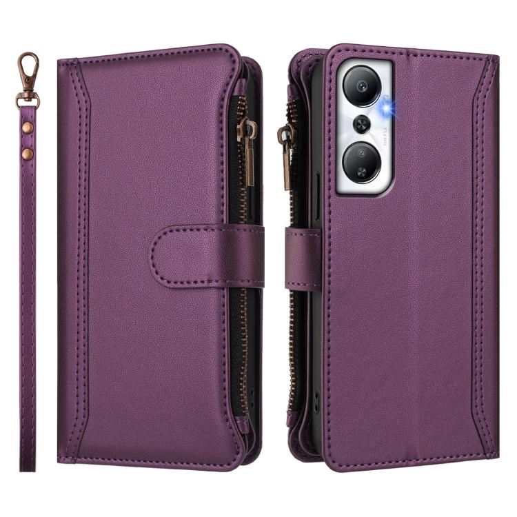 For Infinix Hot 20 4G Magnetic Closure 9 Card Slots Zipper Leather Case with Hand Strap