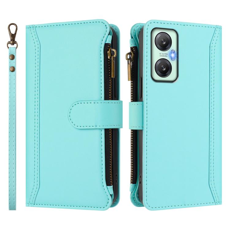 For Infinix Hot 20 5G Magnetic Closure 9 Card Slots Zipper Leather Case with Hand Strap