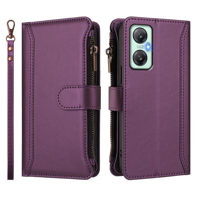 For Infinix Hot 20 5G Magnetic Closure 9 Card Slots Zipper Leather Case with Hand Strap