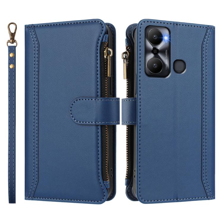 For Infinix Hot 20 Play Magnetic Closure 9 Card Slots Zipper Leather Case with Hand Strap