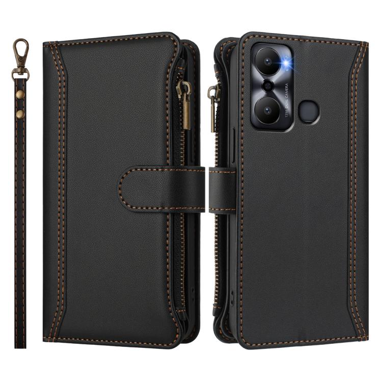 For Infinix Hot 20 Play Magnetic Closure 9 Card Slots Zipper Leather Case with Hand Strap