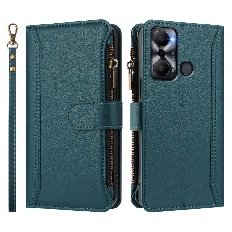 For Infinix Hot 20 Play Magnetic Closure 9 Card Slots Zipper Leather Case with Hand Strap