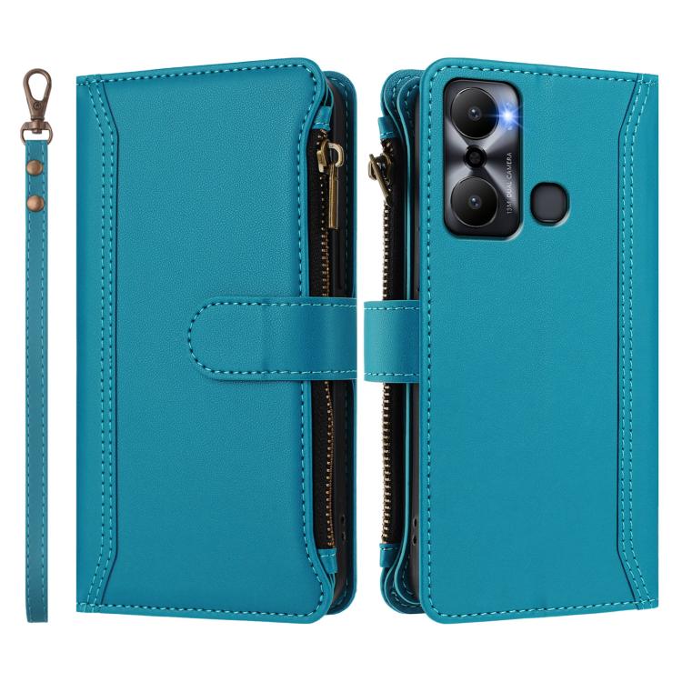 For Infinix Hot 20 Play Magnetic Closure 9 Card Slots Zipper Leather Case with Hand Strap