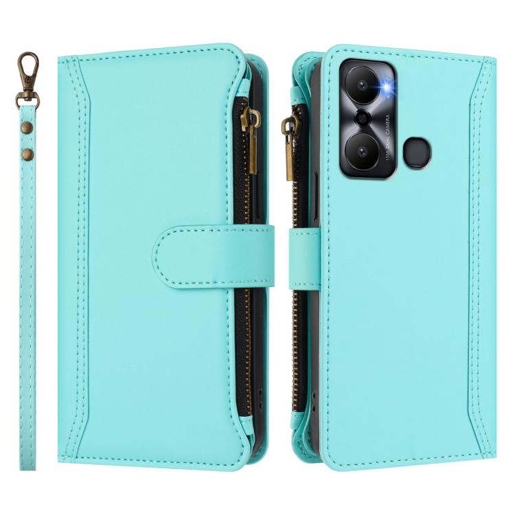 For Infinix Hot 20 Play Magnetic Closure 9 Card Slots Zipper Leather Case with Hand Strap