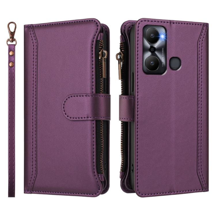 For Infinix Hot 20 Play Magnetic Closure 9 Card Slots Zipper Leather Case with Hand Strap