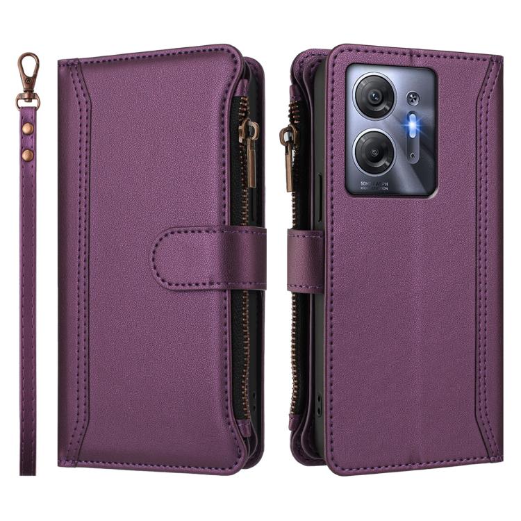 For Infinix Hot 30 5G Magnetic Closure 9 Card Slots Zipper Leather Case with Hand Strap