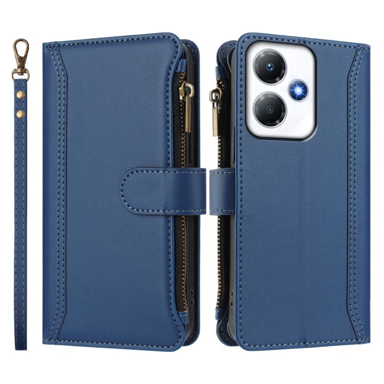 For Infinix Hot 30 Play 4G Magnetic Closure 9 Card Slots Zipper Leather Case with Hand Strap