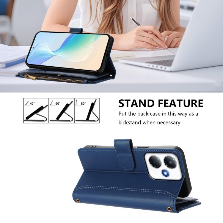 For Infinix Hot 30 Play 4G Magnetic Closure 9 Card Slots Zipper Leather Case with Hand Strap