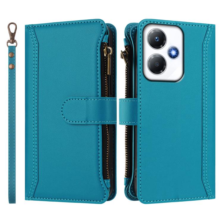 For Infinix Hot 30 Play 4G Magnetic Closure 9 Card Slots Zipper Leather Case with Hand Strap