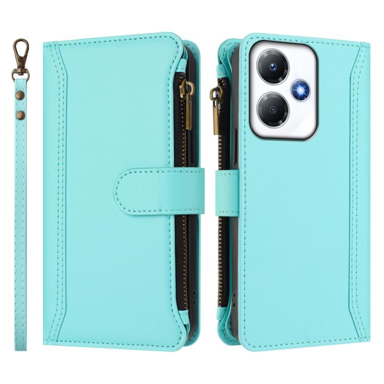 For Infinix Hot 30 Play 4G Magnetic Closure 9 Card Slots Zipper Leather Case with Hand Strap