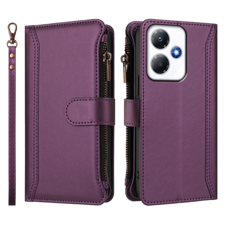 For Infinix Hot 30 Play 4G Magnetic Closure 9 Card Slots Zipper Leather Case with Hand Strap