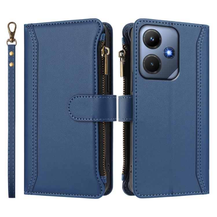 For Infinix Hot 30i Magnetic Closure 9 Card Slots Zipper Leather Case with Hand Strap