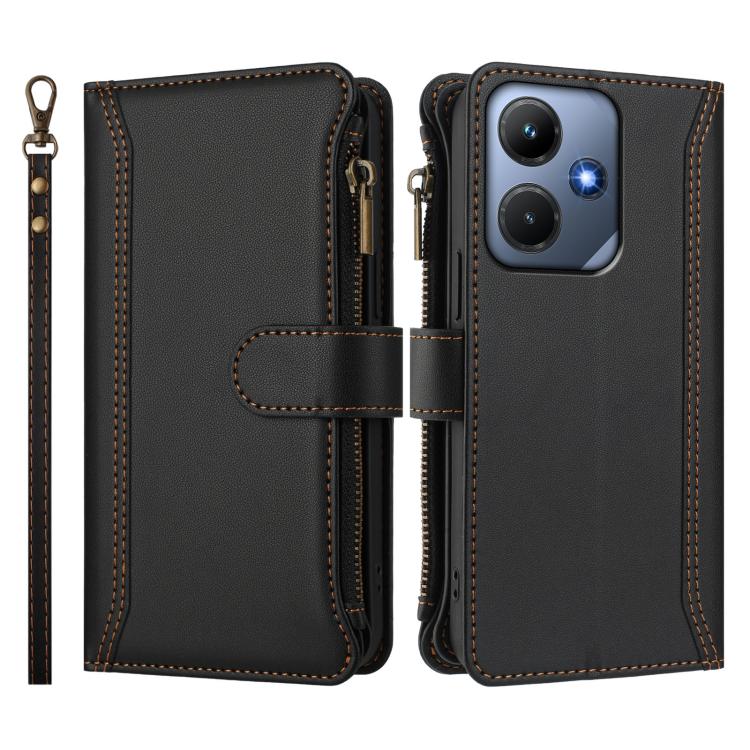 For Infinix Hot 30i Magnetic Closure 9 Card Slots Zipper Leather Case with Hand Strap