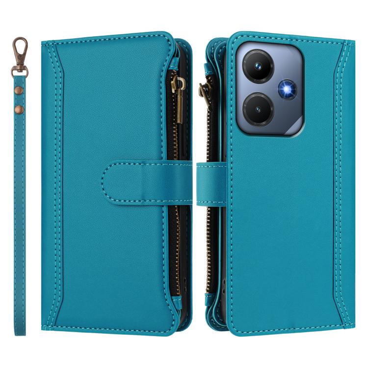 For Infinix Hot 30i Magnetic Closure 9 Card Slots Zipper Leather Case with Hand Strap