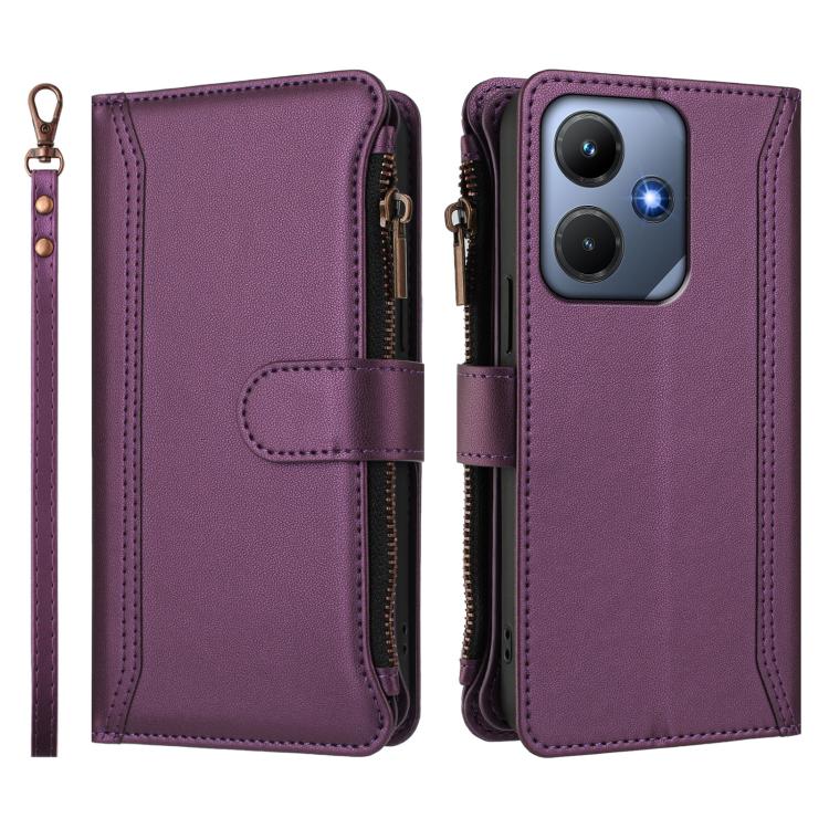For Infinix Hot 30i Magnetic Closure 9 Card Slots Zipper Leather Case with Hand Strap