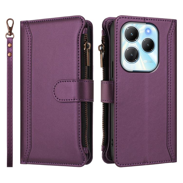 For Infinix Hot 40 4G / 40 Pro 4G Magnetic Closure 9 Card Slots Zipper Leather Case with Hand Strap