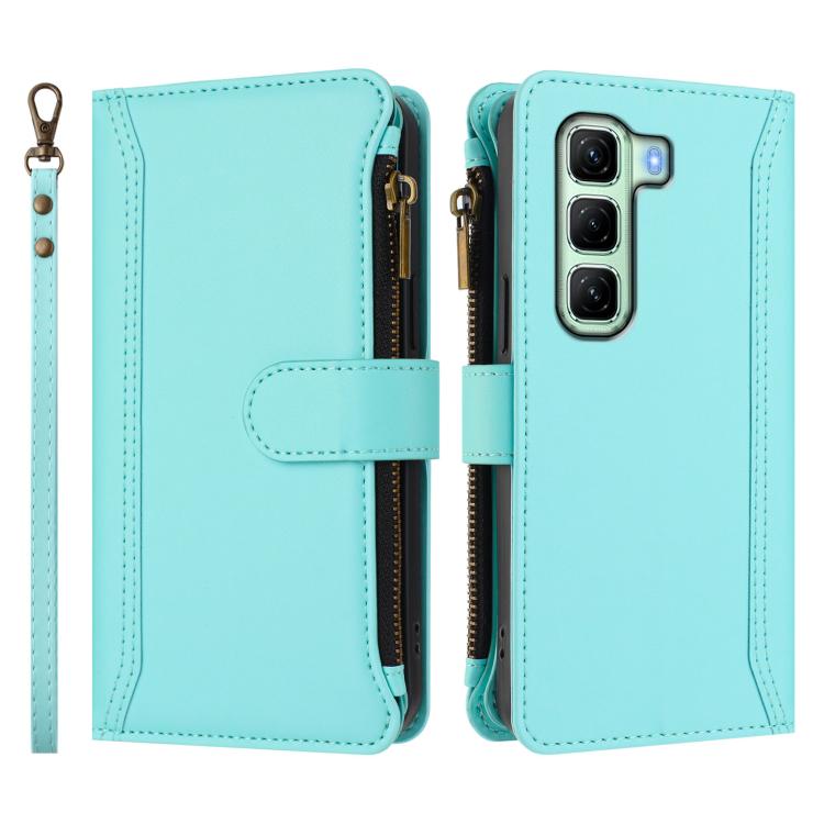 For Infinix Hot 50 4G Magnetic Closure 9 Card Slots Zipper Leather Case with Hand Strap
