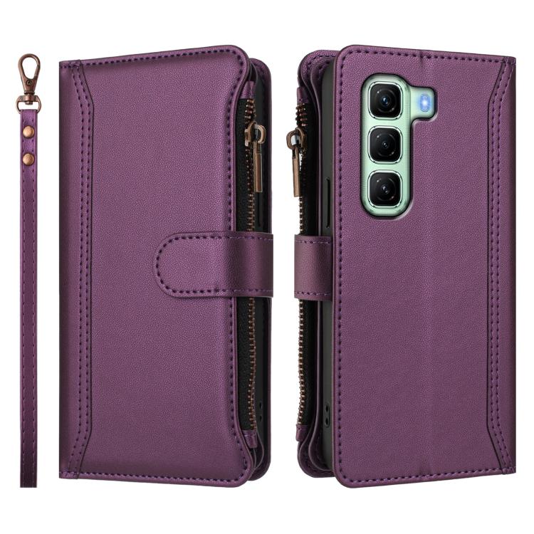 For Infinix Hot 50 4G Magnetic Closure 9 Card Slots Zipper Leather Case with Hand Strap