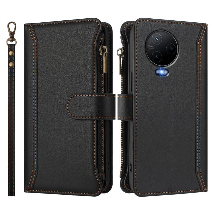 For Infinix Note 12 2023 4G Magnetic Closure 9 Card Slots Zipper Leather Case with Hand Strap