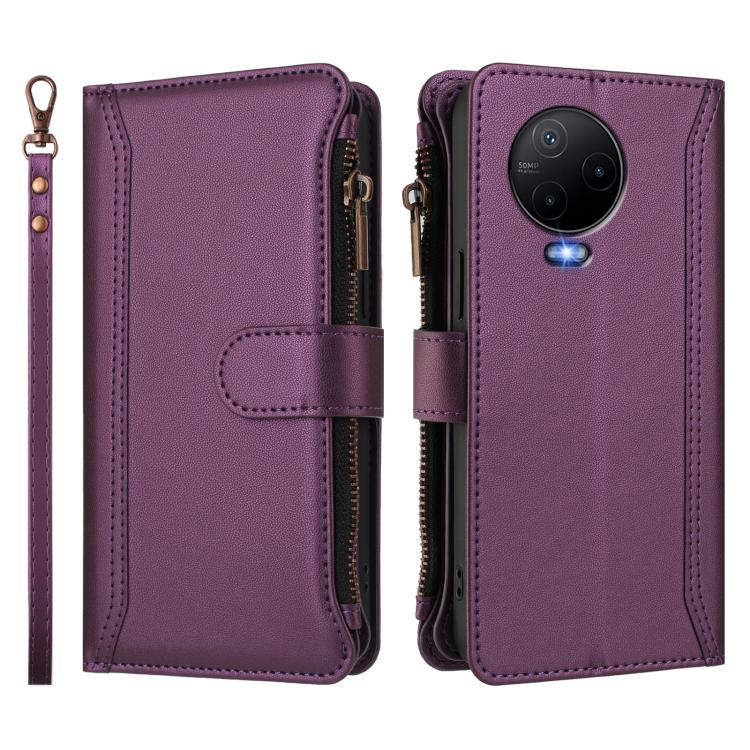 For Infinix Note 12 2023 4G Magnetic Closure 9 Card Slots Zipper Leather Case with Hand Strap