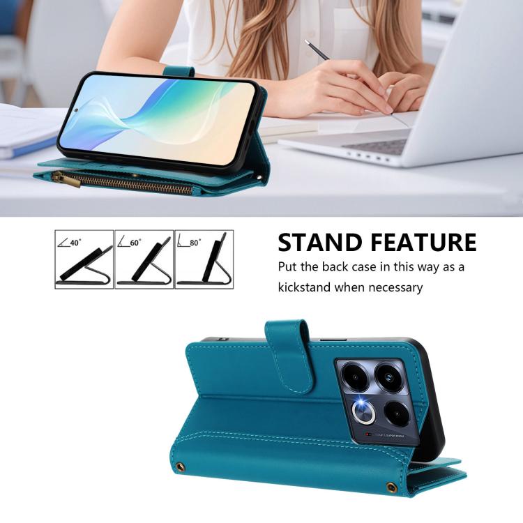 For Infinix Note 40 5G Magnetic Closure 9 Card Slots Zipper Leather Case with Hand Strap