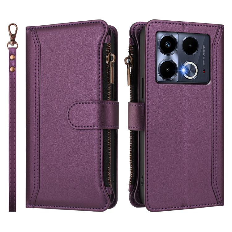 For Infinix Note 40 5G Magnetic Closure 9 Card Slots Zipper Leather Case with Hand Strap