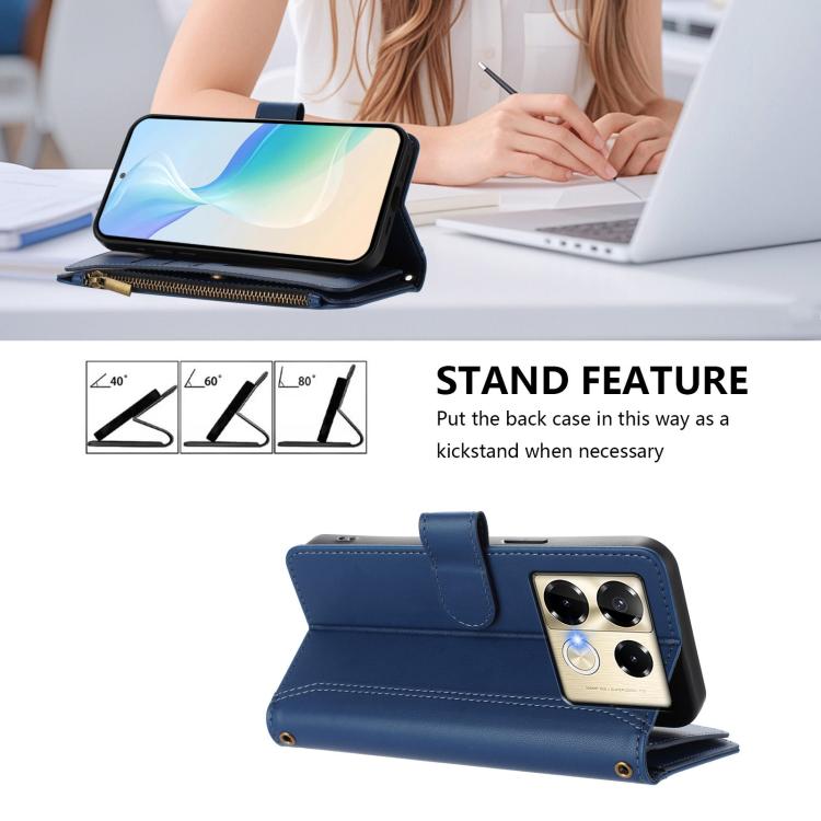 For Infinix Note 40 Pro 4G / 5G Magnetic Closure 9 Card Slots Zipper Leather Case with Hand Strap