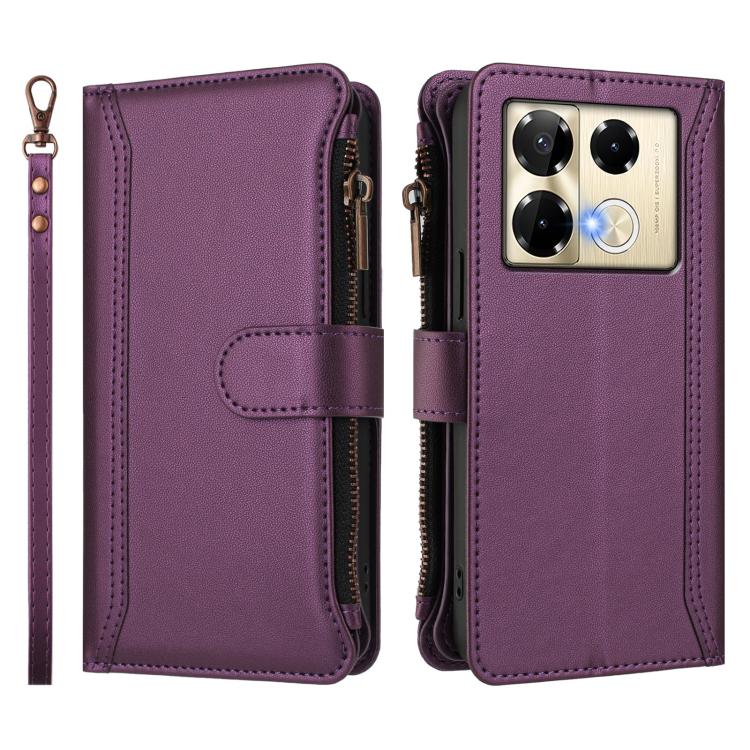 For Infinix Note 40 Pro 4G / 5G Magnetic Closure 9 Card Slots Zipper Leather Case with Hand Strap