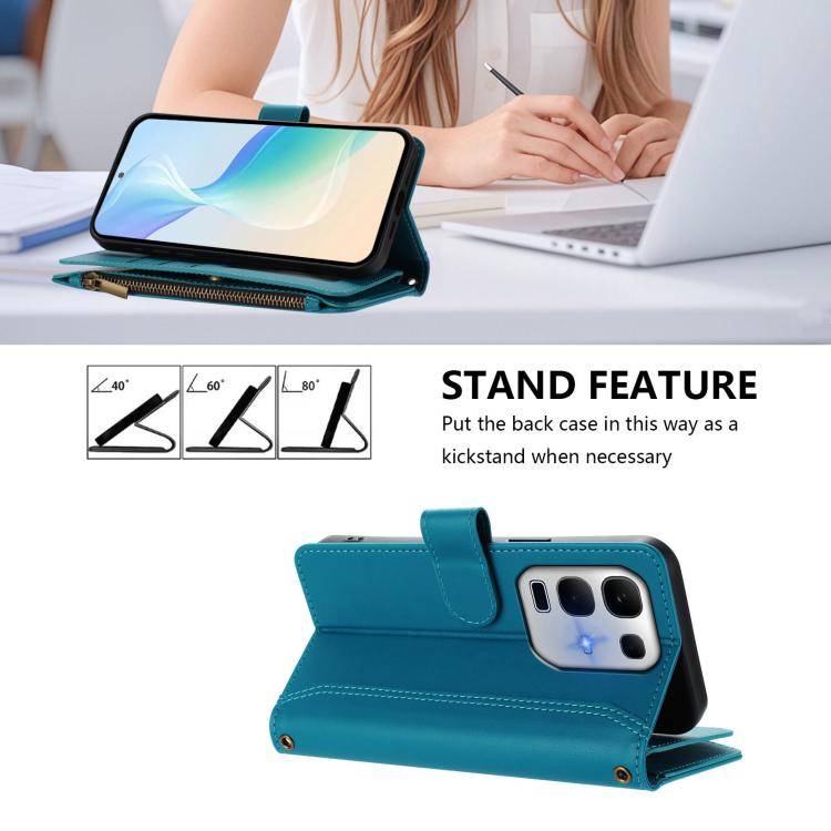 For Infinix Note 50x 5G Magnetic Closure 9 Card Slots Zipper Leather Case with Hand Strap