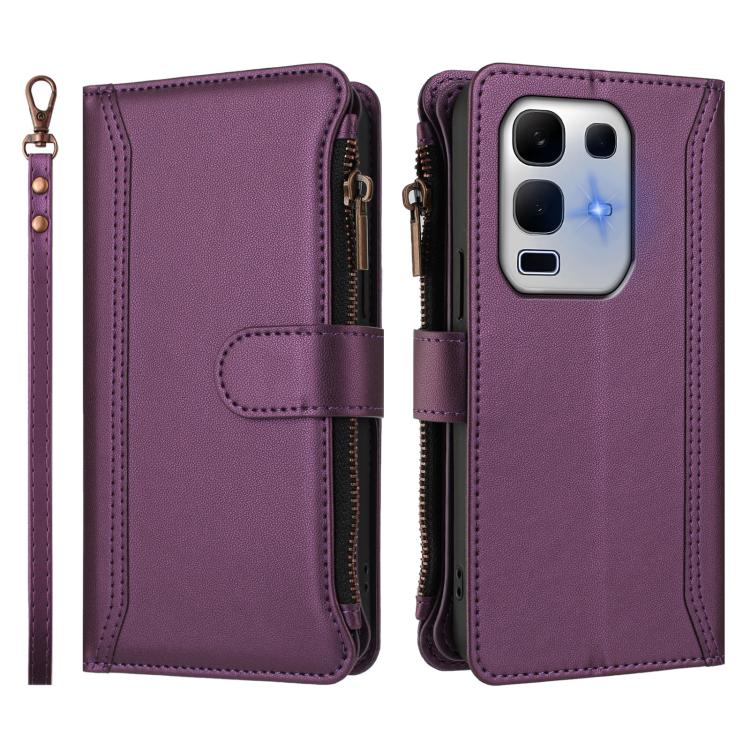 For Infinix Note 50x 5G Magnetic Closure 9 Card Slots Zipper Leather Case with Hand Strap