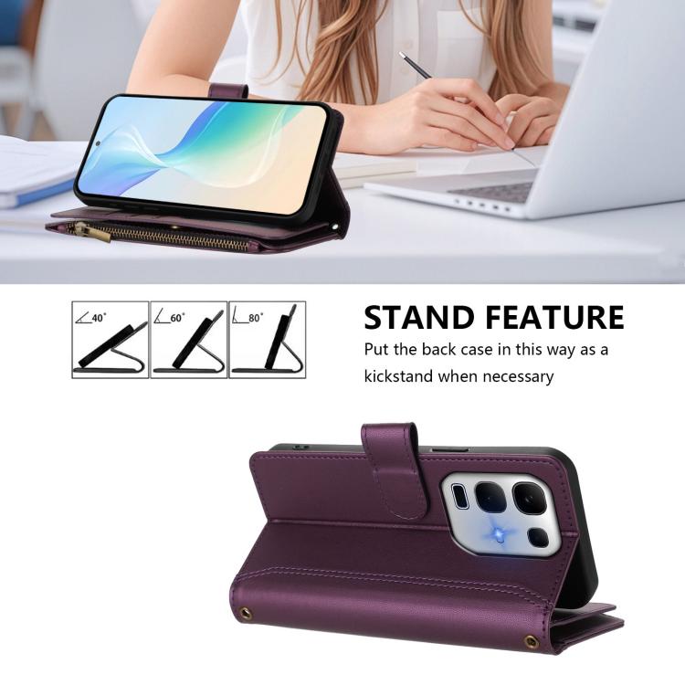 For Infinix Note 50x 5G Magnetic Closure 9 Card Slots Zipper Leather Case with Hand Strap