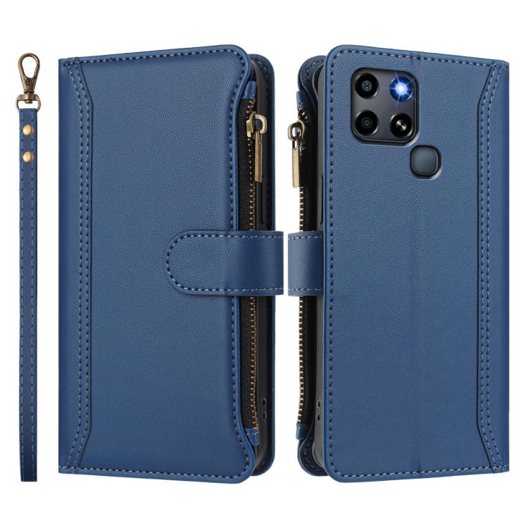 For Infinix Smart 6 / 6 Plus Magnetic Closure 9 Card Slots Zipper Leather Case with Hand Strap