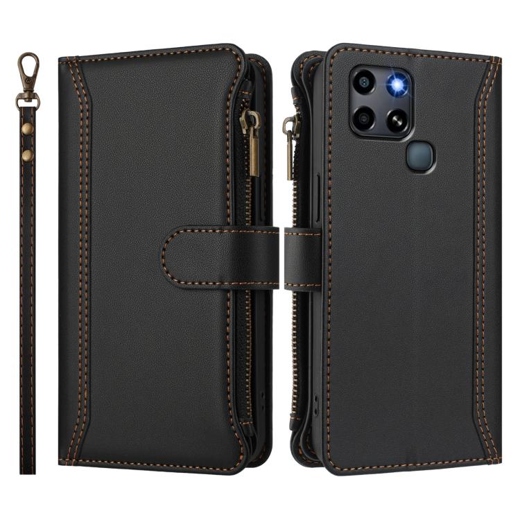 For Infinix Smart 6 / 6 Plus Magnetic Closure 9 Card Slots Zipper Leather Case with Hand Strap