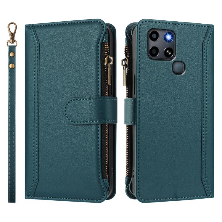 For Infinix Smart 6 / 6 Plus Magnetic Closure 9 Card Slots Zipper Leather Case with Hand Strap