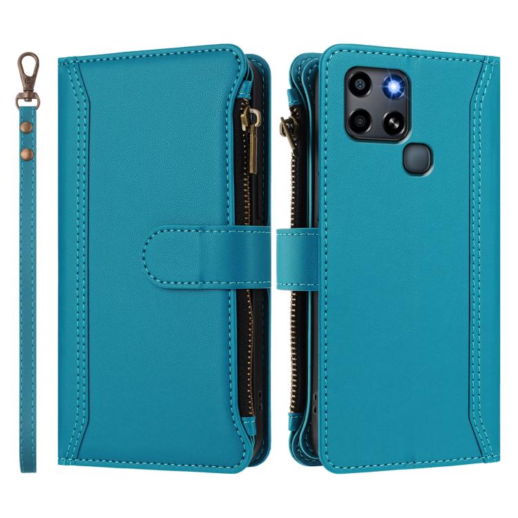 For Infinix Smart 6 / 6 Plus Magnetic Closure 9 Card Slots Zipper Leather Case with Hand Strap