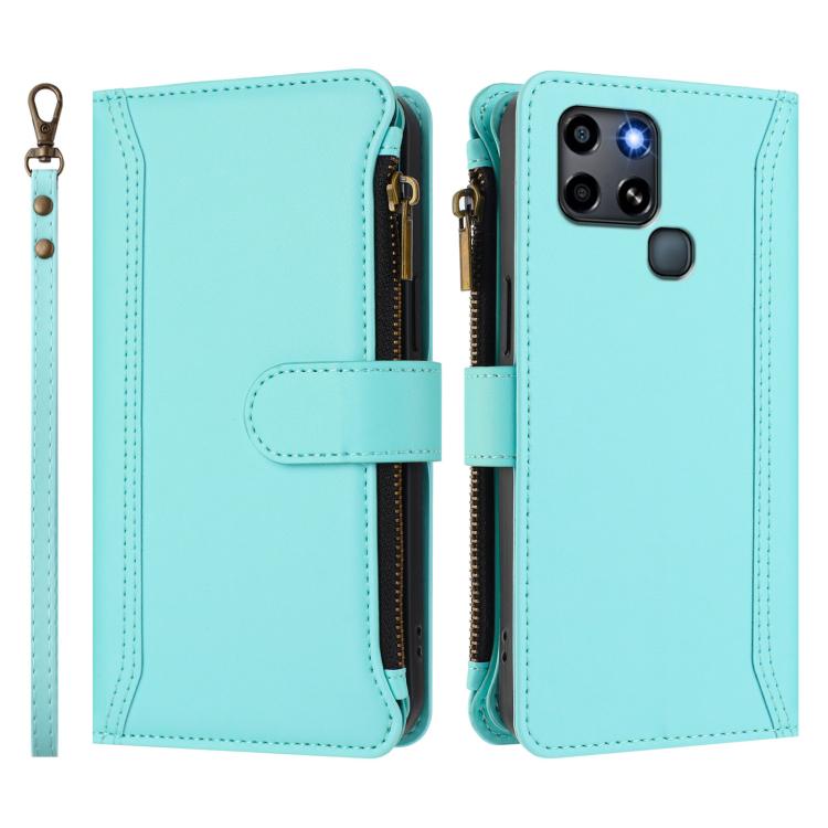 For Infinix Smart 6 / 6 Plus Magnetic Closure 9 Card Slots Zipper Leather Case with Hand Strap