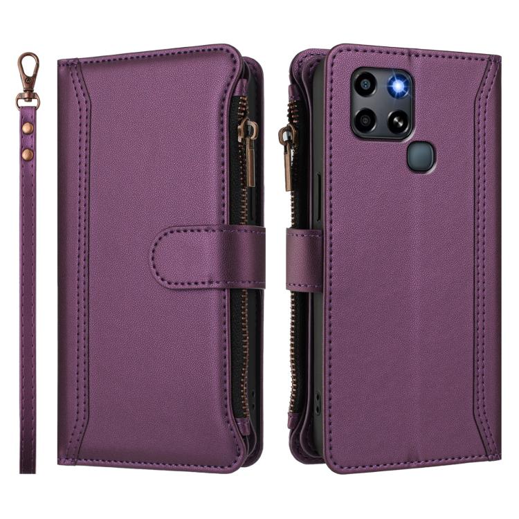 For Infinix Smart 6 / 6 Plus Magnetic Closure 9 Card Slots Zipper Leather Case with Hand Strap