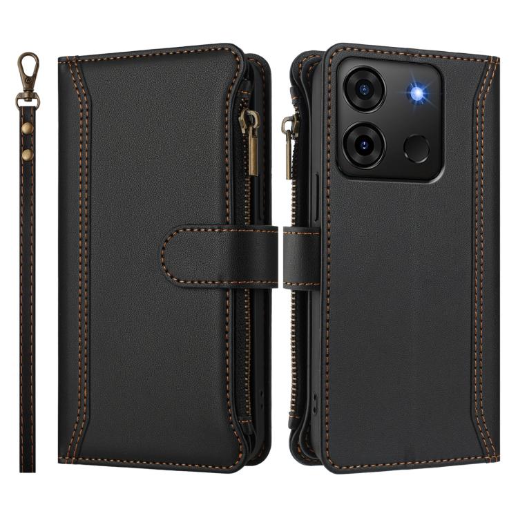 For Infinix Smart 7 Plus / 7 HD Magnetic Closure 9 Card Slots Zipper Leather Case with Hand Strap