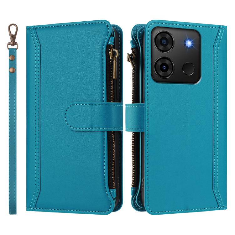For Infinix Smart 7 Plus / 7 HD Magnetic Closure 9 Card Slots Zipper Leather Case with Hand Strap
