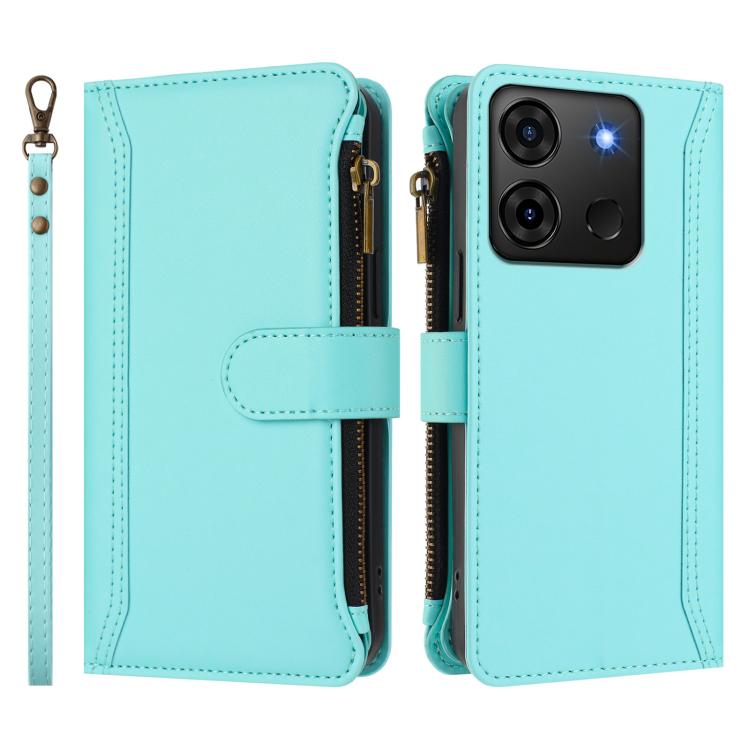 For Infinix Smart 7 Plus / 7 HD Magnetic Closure 9 Card Slots Zipper Leather Case with Hand Strap