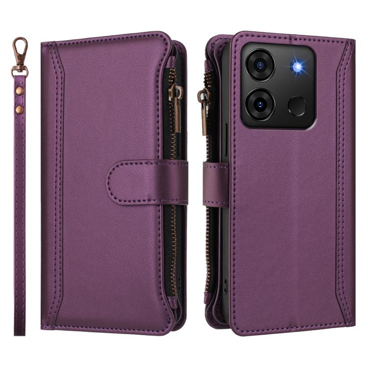 For Infinix Smart 7 Plus / 7 HD Magnetic Closure 9 Card Slots Zipper Leather Case with Hand Strap