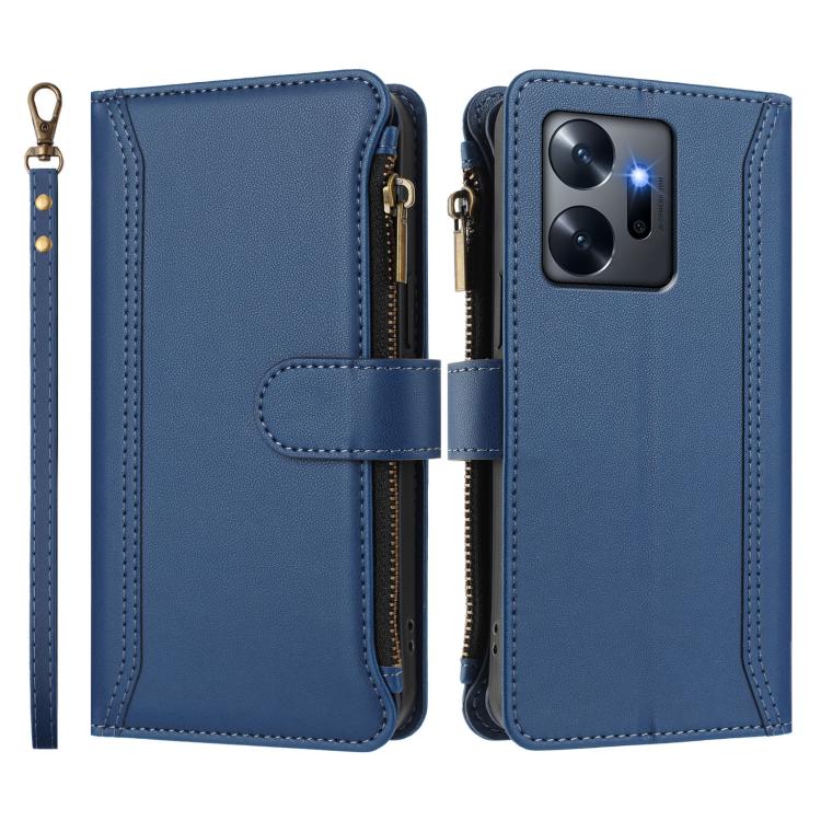 For Infinix Zero 20 Magnetic Closure 9 Card Slots Zipper Leather Case with Hand Strap