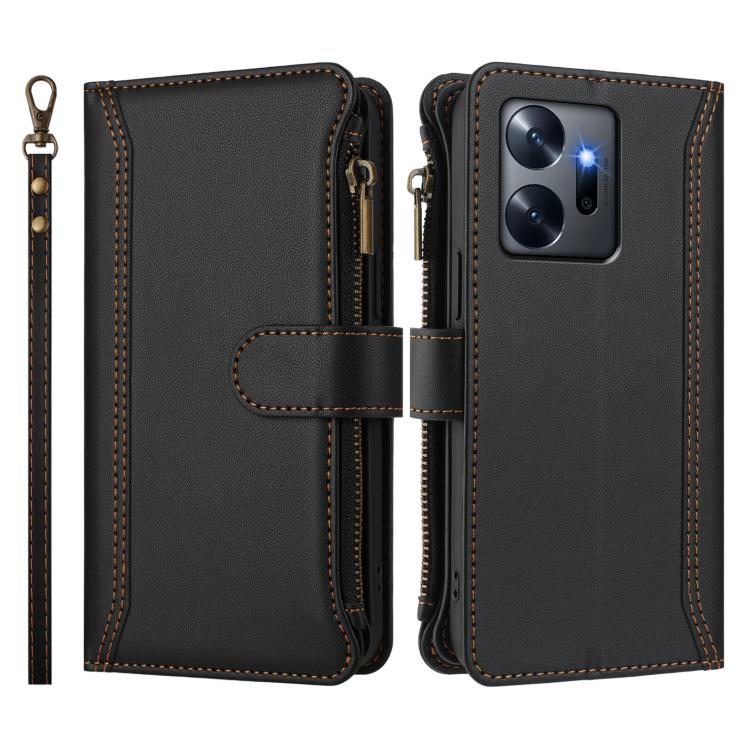 For Infinix Zero 20 Magnetic Closure 9 Card Slots Zipper Leather Case with Hand Strap