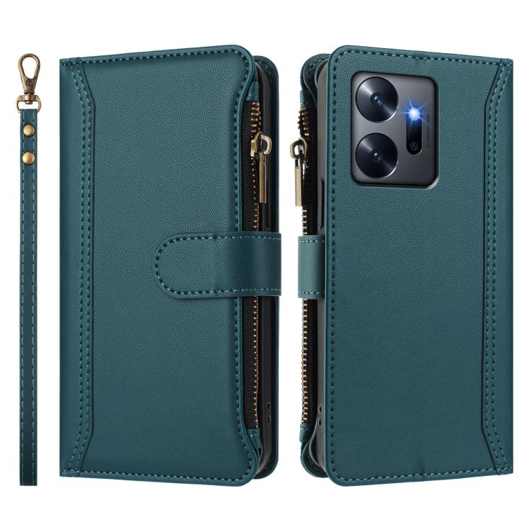 For Infinix Zero 20 Magnetic Closure 9 Card Slots Zipper Leather Case with Hand Strap